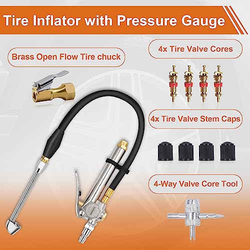 SAFELIFE Tire Inflator 10-120 PSI Tire Pressure Gauge with 18Inch Air Hose，Lock on Air Chuck, Heavy Duty 1/4'' NPT Tire Inflator Gauge Compatible with Air Pump Compressor for Car Truck Motorcycle Bike - size: 18" hose tire inflator gauge