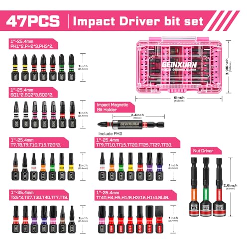 Geinxurn 47Pieces Impact Screwdriver Bits Set, Magnetic S2 Steel 1” Phillips/Square/Torx/Slotted/Hex/Security Torx Bits Tips,Impact Bit Holder with Pink Storage Box Case - style: UTC047-PK