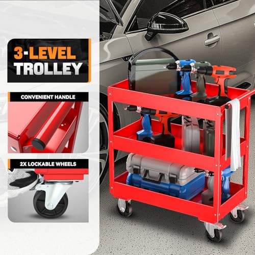 Auto Dynasty 3-Tier Rolling Service Cart 330 lbs Capacity Tool Cart on Wheels Heavy Duty Utility Cart for Warehouse, Garage and Mechanic Work, Red - size: 330lbs
