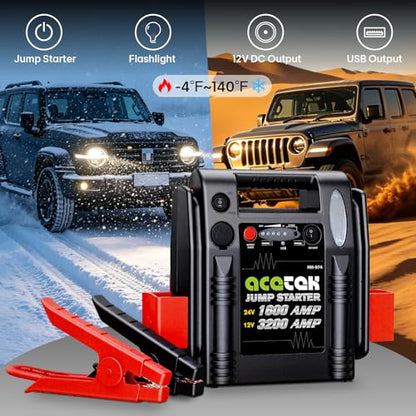 24V / 12V Jump Starter, acetek 1600/3200 Peak Amp Battery Jump Starter for Truck Car Tractor Excavator, Heavy Duty Jump Box Battery Pack with USB and DC Output