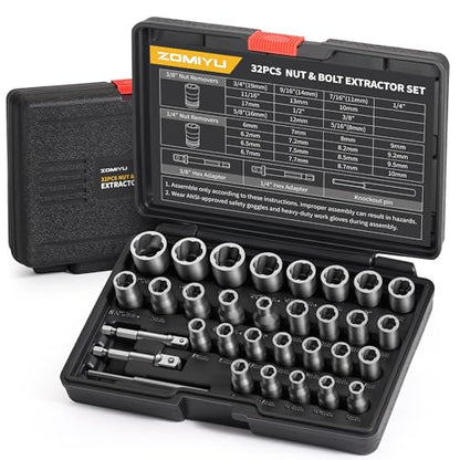 Bolt Extractor Kit, 32 Piece Easy Out Lug Nut Removal Tool, 1/4" & 3/8" Drives Damaged Bolt Extractor Socket Set for Stripped, Broken, Rusted, Rounded Fasteners - size: 32Pcs