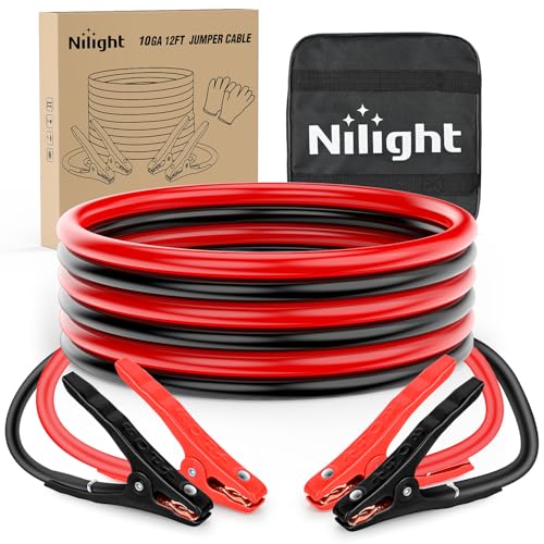 Nilight Jumper Cables for Car Battery 10 Gauge 12 FT Booster Cable Heavy Duty 200 A CCA with Carrying Bag Jump Start Emergency Kit Pickup Vans SUV Sedan Motorcycle | Booster Jump Start Cable with Storage Bag for Jump Starting Dead or Weak Batteries for Pi