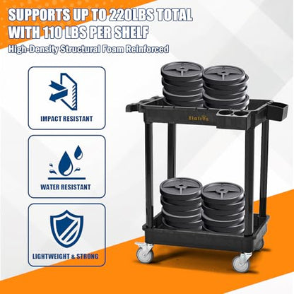 ELAFROS 2-Shelf Heavy Duty Plastic Rolling Utility Cart, 28x19 in, 330 lbs | Locking Swivel Wheels, Multipurpose Service Cart, Work Cart, Tool Storage Organizer, Home Office Garage Workshop Industrial