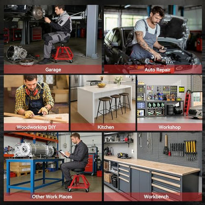 Rolling Shop Stool with Wheels and Adjustable Pneumatic Mechanic Stool, Heavy Duty Garage Stool & Shop Chair with Storage Tray, 300 lbs Capacity