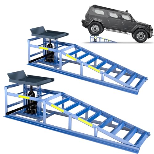 2 Heavy-Duty Car Ramps, 5-Ton (5000 kg) Capacity, High-Load Hydraulic Ramps with Reflective Strips for Safe Nighttime Use, Adjustable Height from 9.8 to 15 in, Usable as Workshop Lifting Platform - color: Blue