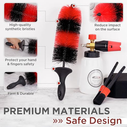 TAKAVU Wheel & Tire Brush, Long Bristle, Built-in Knuckle Guard (Upgraded) | Non-Slip Handle Detailing Brush, Deep Reach Cleans Rims & Brake Dust, Effortless Wheel & Barrel Wash - color: Red & Black - Big Brush