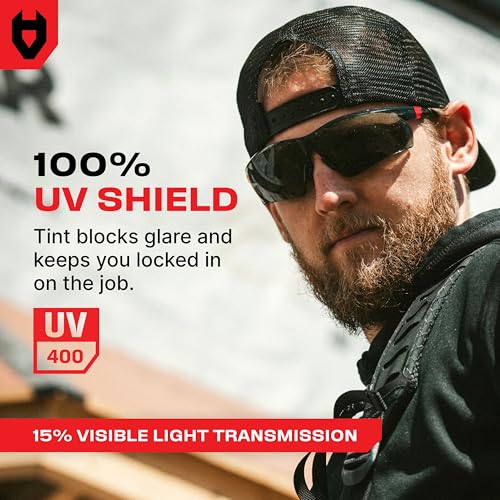 NoCry Safety Sunglasses with Green Tinted Wraparound Lenses; Tinted Safety Glasses for Men and Women with Adjustable Arms & No-Slip Grips; Work Glasses with UV 400 Protection; ANSI Z87.1 Rated - color: Black & Red