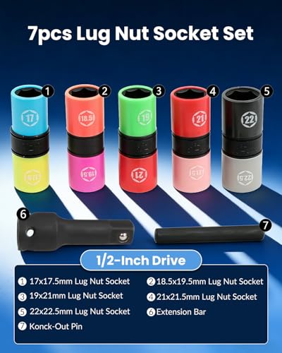 DPTOOL Half Size Lug Nut Socket Set 1/2” Drive Impact Flip Socket Set | Metric 6 Point Non-Marring Thin Wall Double Ended Wheel Lug Nut Socket for Removal of Swollen, Dented and Deformed Lug Nuts - size: 17, 17.5, 18.5, 19, 19.5, 21, 21.5, 22, 22.5 mm