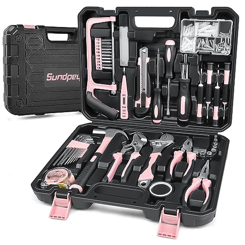 Sundpey Home Tool Kit 148-Pcs - Household Starter Basic Hand Repair portable Tool Set with Case & Ratcheting Screwdriver & Hex Key & Pliers & Wrench & Voltage Tester & Water Pump Plier for Women - color: Pink
