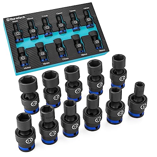 DURATECH 3/8" Drive Impact Universal Joint Socket Set, 11-Piece, 8mm-19mm | Swivel Socket Set, 360° Rotation, Cr-Mo Steel, Corrosion Resistance, 24° Working Angle, Organized in EVA Foam Organizer - size: 11pc