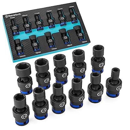DURATECH 3/8" Drive Impact Universal Joint Socket Set, 11-Piece, 8mm-19mm | Swivel Socket Set, 360° Rotation, Cr-Mo Steel, Corrosion Resistance, 24° Working Angle, Organized in EVA Foam Organizer - size: 11pc