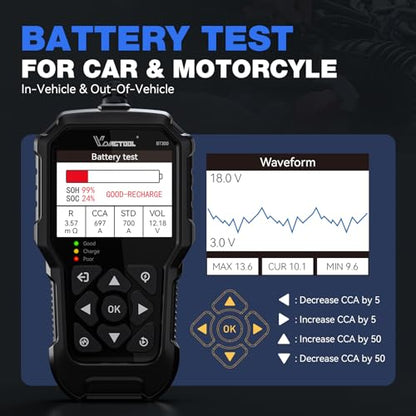 Car Battery Tester 12V 6V VDIAGTOOL BT300, 5-3000 CCA Load Tester Starter Alternator Tester Automotive Charging Cranking System Tester for Motorcycle Car Truck SUV ATV Boat