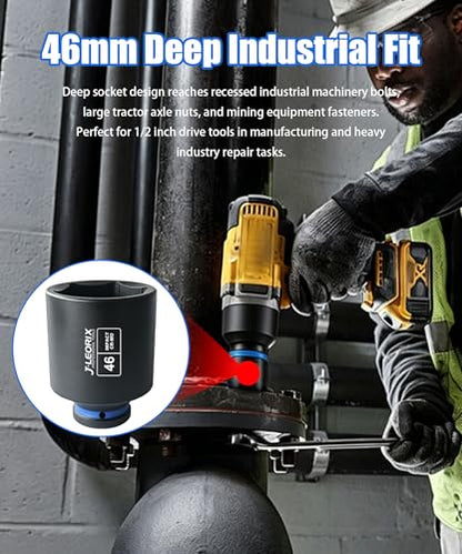 1/2" Drive 46mm Deep Impact Socket, 6-Point CR-MO Steel | CR-MO steel impact socket set. 1/2" drive, 6-point design. Deep reach for lug nuts & axle nuts. - size: 46mm