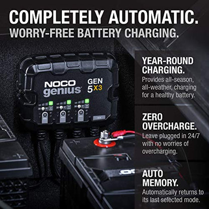 NOCO Genius GEN5X3: 3-Bank,15A Onboard Battery Charger - 5A Per Bank,12V Waterproof Marine Charger with Overcharge Protection&Temperature Compensation–for Lead-Acid&Lithium Batteries(Pack of 2) - size: 15A (5A per Bank) (Pack of 2)