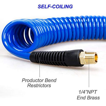 20 Pieces Air Compressor Accessories kit, 1/4 inch x 25 ft Recoil Poly Air Hose Kit, 1/4" NPT Quick Connect Air Fittings, Tire Inflator Gauge, Heavy Duty Blow Gun, Swivel Plug, Blue PU Hose