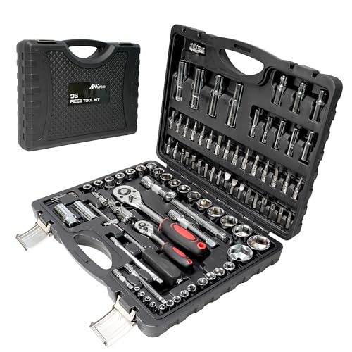 Socket Ratchet Wrench Set, 95PCS Socket Set, Mechanics Tool Set for Car | Metric, Deep & Shallow Socket Set with Universal Joint, Automotive Tool Kit with Case for Motorcycle, Home Repair
