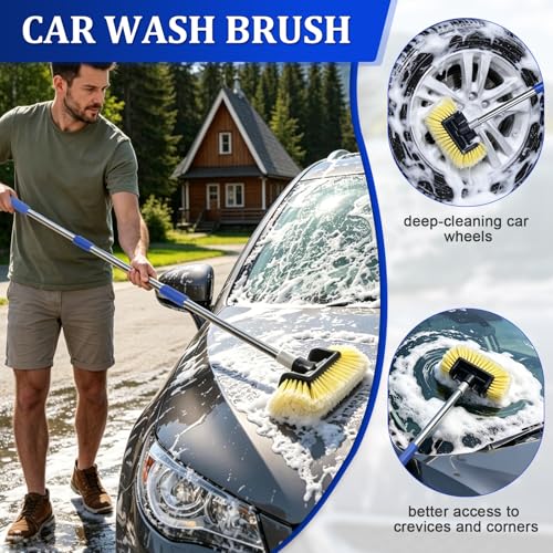 Car Wash Brush, 74" Adjustable Long Handle Soft Bristle Car Cleaning Brush | 34-74" Adjustable Car Wash Brush with Handle, Ideal for RV, Boat, Truck, SUV, Wagon, Solar Panels & Home Exteriors (Yellow)