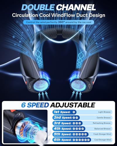 Laimiod Neck Fan - Portable Neck Fan with LED Book Light, 6-20h Long Battery Life, 6 Speeds Adjustable, USB-C Rechargeable, Hands-Free Wearable Fan, Cooling Personal Fan Gifts for Men Women Dad Mom | Comfortable Silicone Made, 6-20 Hours Long Lasting, 6 A