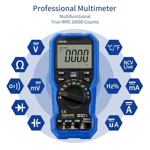 OWON OW18E Bluetooth Digital Multimeter, 20000 Counts True RMS Voltmeter, Auto-Ranging Current Amp Resistance Diodes Continuity, Data Logger, Thermometer, Offline Recording - style: O-18E