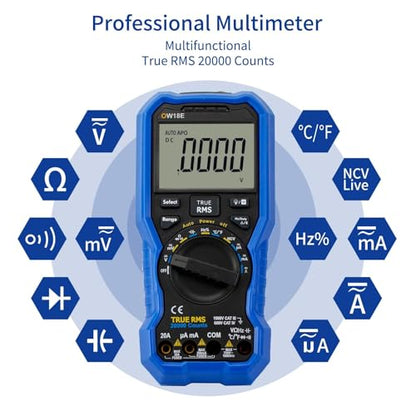 OWON OW18E Bluetooth Digital Multimeter, 20000 Counts True RMS Voltmeter, Auto-Ranging Current Amp Resistance Diodes Continuity, Data Logger, Thermometer, Offline Recording - style: O-18E