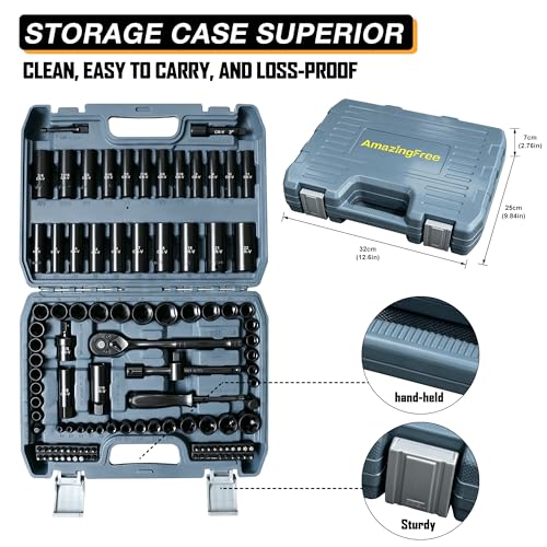 110-Piece Metric 3/8" Drive Impact Socket Set and SAE CR-V Sockets | with Ratchet Handle, Extension Bars, and Carrying Case