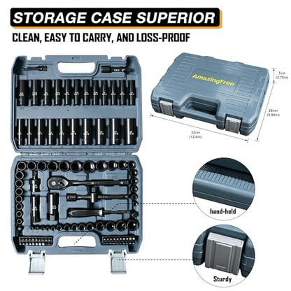 110-Piece Metric 3/8" Drive Impact Socket Set and SAE CR-V Sockets | with Ratchet Handle, Extension Bars, and Carrying Case