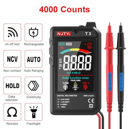 NJTY T3 Smart Digital Multimeter, Ultra-Thin Rechargeable Voltmeter with 3.2" Color LCD, Auto-Ranging 600V AC/DC Tester for Resistance NCV Live Wire Detection - color: Black