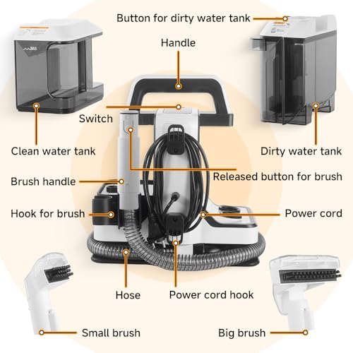 Hoteche Portable Carpet Cleaner Machine, Powerful Handheld Spot Extractor for Pet Stains, Upholstery & Car Interior Cleaning, Dual Tank System, Lightweight Electric Carpet Shampooer with Accessories