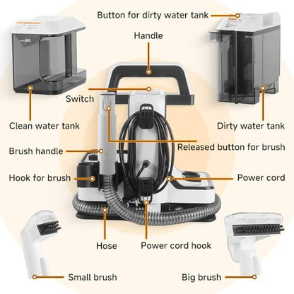 Hoteche Portable Carpet Cleaner Machine, Powerful Handheld Spot Extractor for Pet Stains, Upholstery & Car Interior Cleaning, Dual Tank System, Lightweight Electric Carpet Shampooer with Accessories