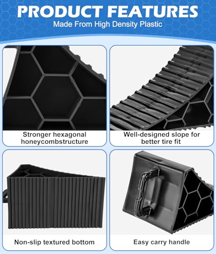 PAHTTO Wheel Chocks 4 Pack, RV Chocks with Handles for RV Trailer Camper Car Truck, Wheel Block Stopper for Tire, Strong RV Wheel Chocks Hexagonal Honeycomb Structure, RV Trailer Accessories - color: Black