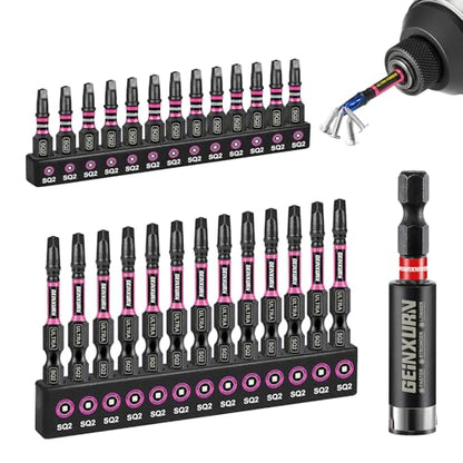 Geinxurn Impact #2 Square Screwdriver Bits Set, 26pcs 1” 2” SQ2 Magnetic S2 Steel Driver Bits Set and 1pc Impact Bit Holder with Color Coded Base - size: 27pcs-SQ-B