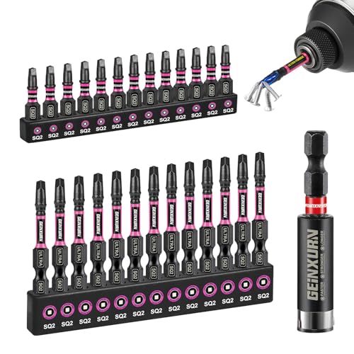 Geinxurn Impact #2 Square Screwdriver Bits Set, 26pcs 1” 2” SQ2 Magnetic S2 Steel Driver Bits Set and 1pc Impact Bit Holder with Color Coded Base - size: 27pcs-SQ-B