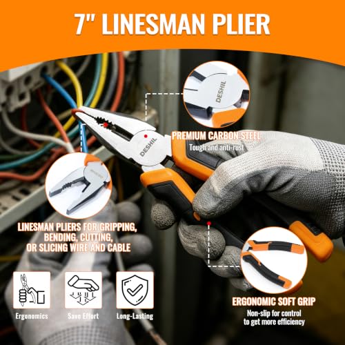 DESHIL 4-Piece Carbon Steel Pliers Set, 8-Inch Slip-Joint, 7-Inch Lineman's, 6-Inch Needle-Nose and 6-Inch Diagonal-Cutting Pliers with Non-Slip Handles for DIY, Automotive and Home Repairs