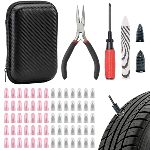 73 Pcs Tire Plug Kit, Screw in Tire Repair Rubber Nail Kit with Pliers, Screwdriver, Crayon, Quick Self-Service Emergency Repair Patch Tool for Automotive Car, Truck, Motorcycle Tubeless Tire Puncture