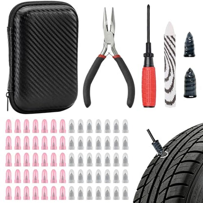73 Pcs Tire Plug Kit, Screw in Tire Repair Rubber Nail Kit with Pliers, Screwdriver, Crayon, Quick Self-Service Emergency Repair Patch Tool for Automotive Car, Truck, Motorcycle Tubeless Tire Puncture