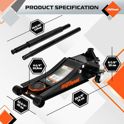 AV Steel Low Profile Floor Jack 3 Ton (6600 lbs), Heavy Duty Hydraulic Jack for Car, Heavy-Duty Floor Jack with Dual Pistons Quick Lift Pump, Car Floor Jack with Lifting Range 3-1/8'' to 19-7/8''