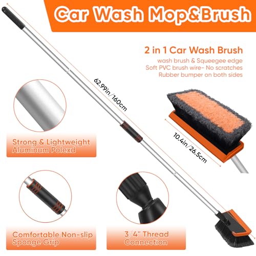 Wontolf 62'' Car Wash Brush with Long Handle, Scratch-Free Soft Bristles Sturdy Car Wash Mop, Complete Cleaning Brush Kit Wash Mitt Towel Windshield Squeegee Wheel Tire Brush for Car Truck RV Orange - color: Orange