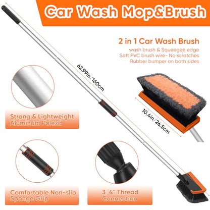 Wontolf 62'' Car Wash Brush with Long Handle, Scratch-Free Soft Bristles Sturdy Car Wash Mop, Complete Cleaning Brush Kit Wash Mitt Towel Windshield Squeegee Wheel Tire Brush for Car Truck RV Orange - color: Orange