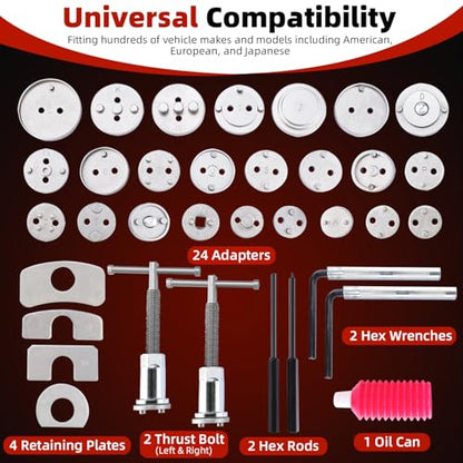 8MILELAKE 35pcs Disc Brake Caliper Tool Kit, Heavy Duty Disc Brake Piston Caliper Compressor Rewind Tool for Brake Pad Replacement, Fits Most American, European, Japanese Autos (Red) - color: Red