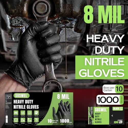 HEAVY DUTY 8 Mil Black Nitrile Gloves Disposable Latex Free Raised Diamond Textured Industrial Mechanic Gloves 1000PCs - size: Medium