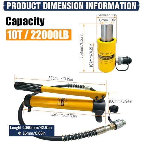 10T Mini Hydraulic Cylinder Jack Porta Power Ram 2" Stroke,CP-180 Manual Hydraulic Hand Pump Multi Section Jack,Single Acting Lifting Cylinders for Short Distance Lifting Leveling Machinery - size: 10T，2"+CP180 PUMP
