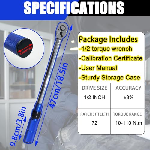 1/2-Inch Drive Click Torque Wrench, 10-110 N.m, 72-Tooth Dual-Direction Adjustable Torque Wrench with ±3% High Precision for Bicycle, Motorcycle and Car Maintenance