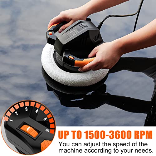 THINKWORK Buffer Polisher,10 Inch Car Polisher Sets with 4 Buffing and Polishing Bonnets,6 Variable Speed 1500-3600 RPM,Double Handle, Ideal for Car Waxing - color: Black & Orange & White