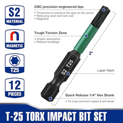 WORKPRO 12PCS 2" T25 Torx Magnetic Impact Screwdriver Bit Set | CNC Machined S2 Steel Tips with Magnetism, 1/4" Hex Shank Star Driver Bit, Long Impact Screwdriving Bits with Storage Box - size: 2 in