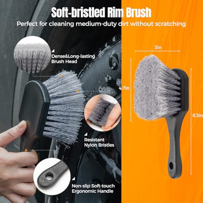 9Pcs Car Wheel Brush kit, Tire Brush, Microfiber Flat Wheel Cleaner Brush | Soft-bristled Rim Cleaner Brush, Tire Shine Applicator, Detailing Brushes, Detailing Pads, Scratch-Free Car Drying Towel