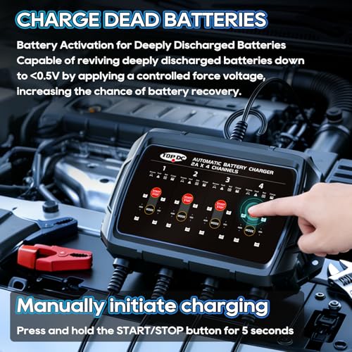 TOPDC 4-Bank Smart Battery Charger, 8A 2A/Bank 6V/12V Automatic Battery Maintainer, Trickle Charger & Desulfator for Lead-Acid AGM STD Batteries, with Overcharge Protection - size: 8A (2A*4Banks)