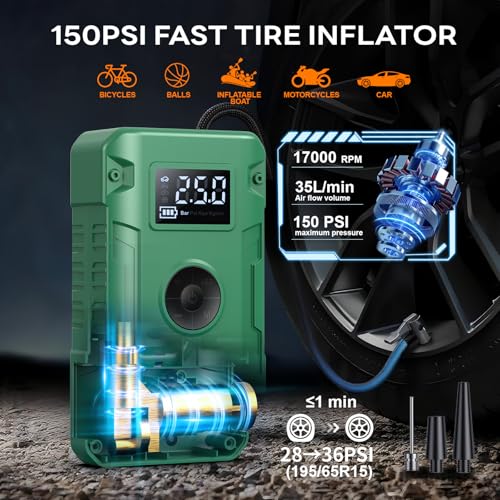 Sharmeal Jump Starter 7000A, 12V Car Battery Jump Starter with Air Compressor (Up to All Gas or 12.0L Diesel Engine), Battery Booster with 3 Modes Flashlight and Jumper Cable - color: Green-7000A+ Air Compressor