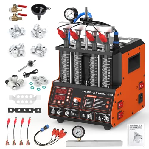 Fuel Injector Cleaner Tester Machine, 45°C Ultrasonic Heated Cleaning 10 Test Modes & 4 Test Functions Fuel Injector Cleaner Kit 110V with 4 Test Cylinders, 1600ml Cleaning Tank for Car/Motorcycle - color: Orange-Pro
