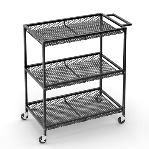 3 Tier Rolling Utility Kitchen Cart, Heavy Duty Wire Rolling Cart on Wheels, Commercial Metal Serving Carts with Handle, Kitchen Island Plant Shelf Food Storage Trolley for Laundry, Office, Garage - color: Black
