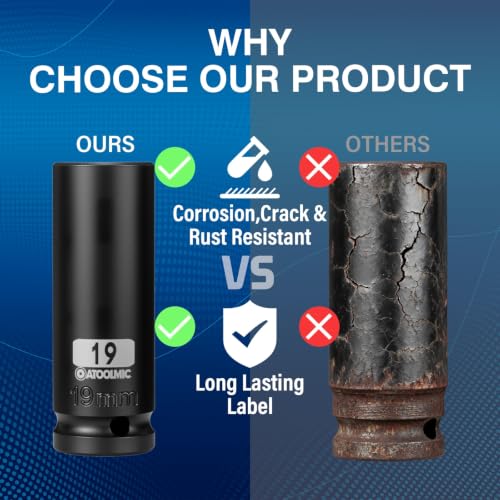 1/2 Inch Drive x 19mm Deep 6PT CR-MO Impact Socket for Removing Axle nut | Metric Socket,6-Point Radius Corner Design,Two Size Markings,Square Chamfered Opening,For Removal of Axle Nut - size: 19 mm, style: 1/2" Drive Deep Socket